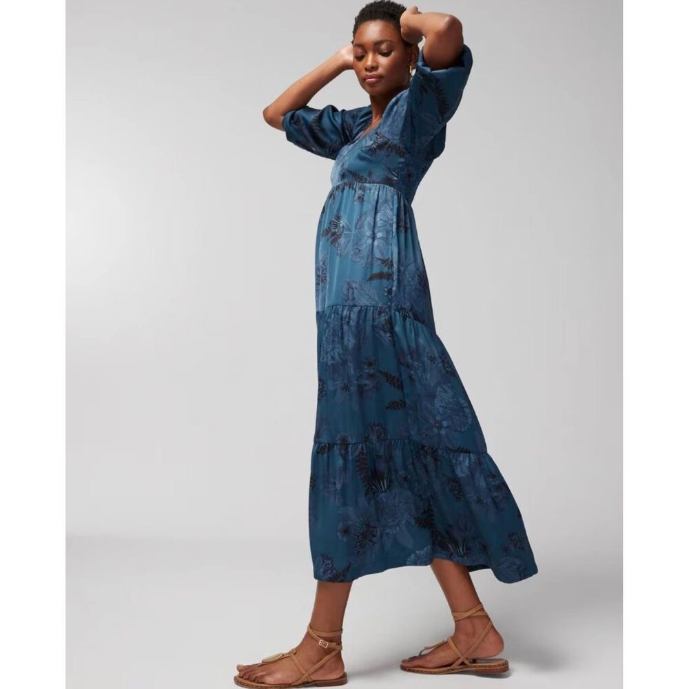 Soma V-Neck Tiered Maxi Bra Dress in blue crinkle satin balloon sleeves smocked